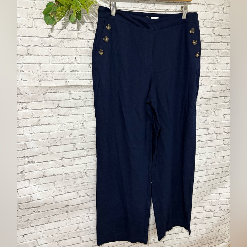 CATO Navy Blue Sailor Nautical Style Wide Leg Linen Pants PETITE